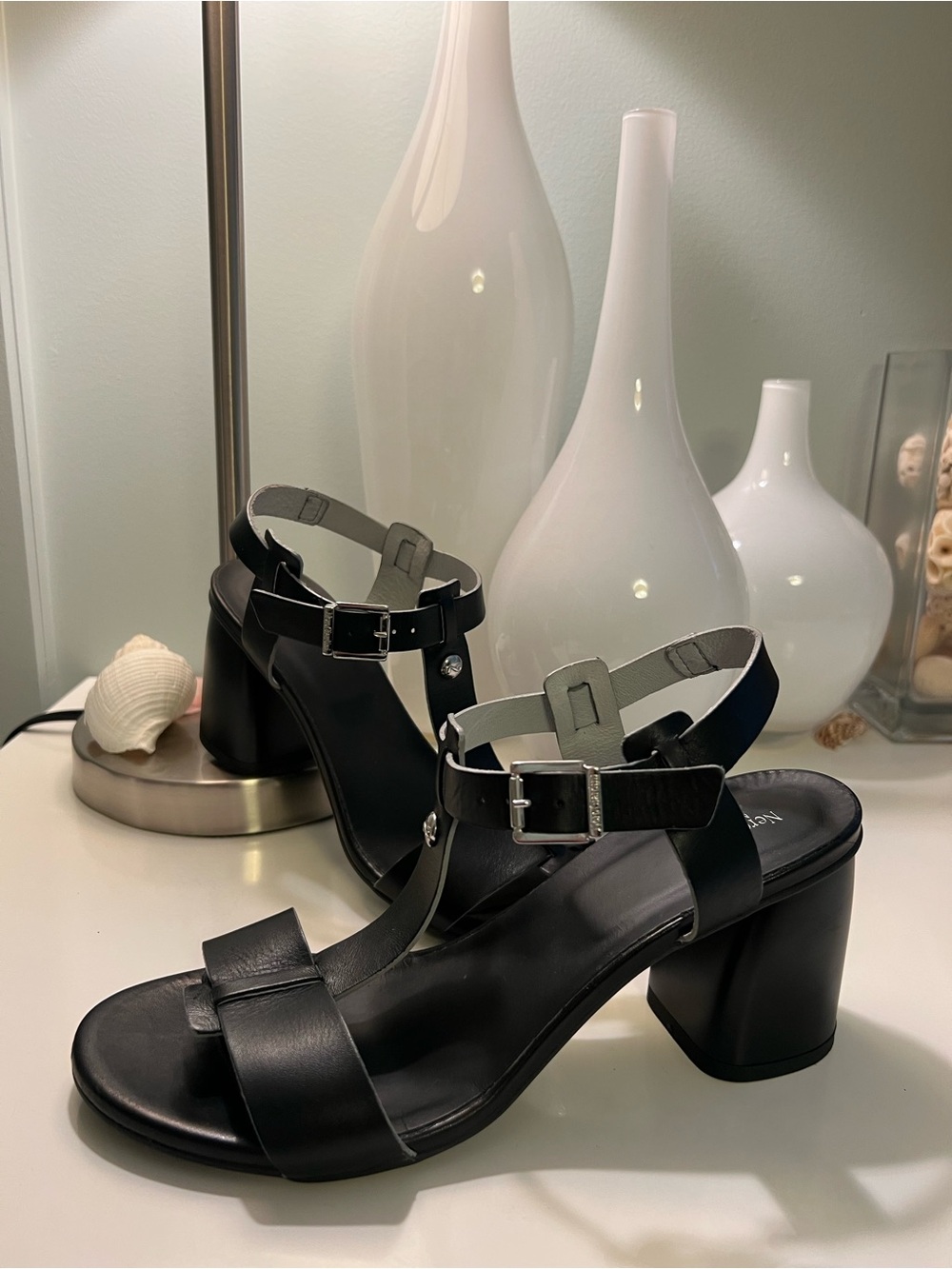 Nero Giardini Black Leather Block Heel Sandals